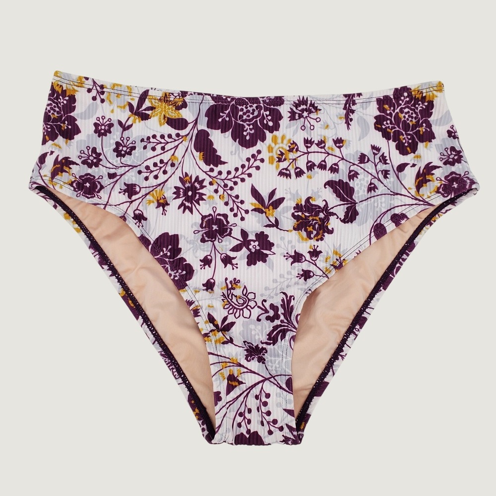 Cupshe High Waisted Bikini Bottom Large Purple White Floral Ribbed Lined Stretch